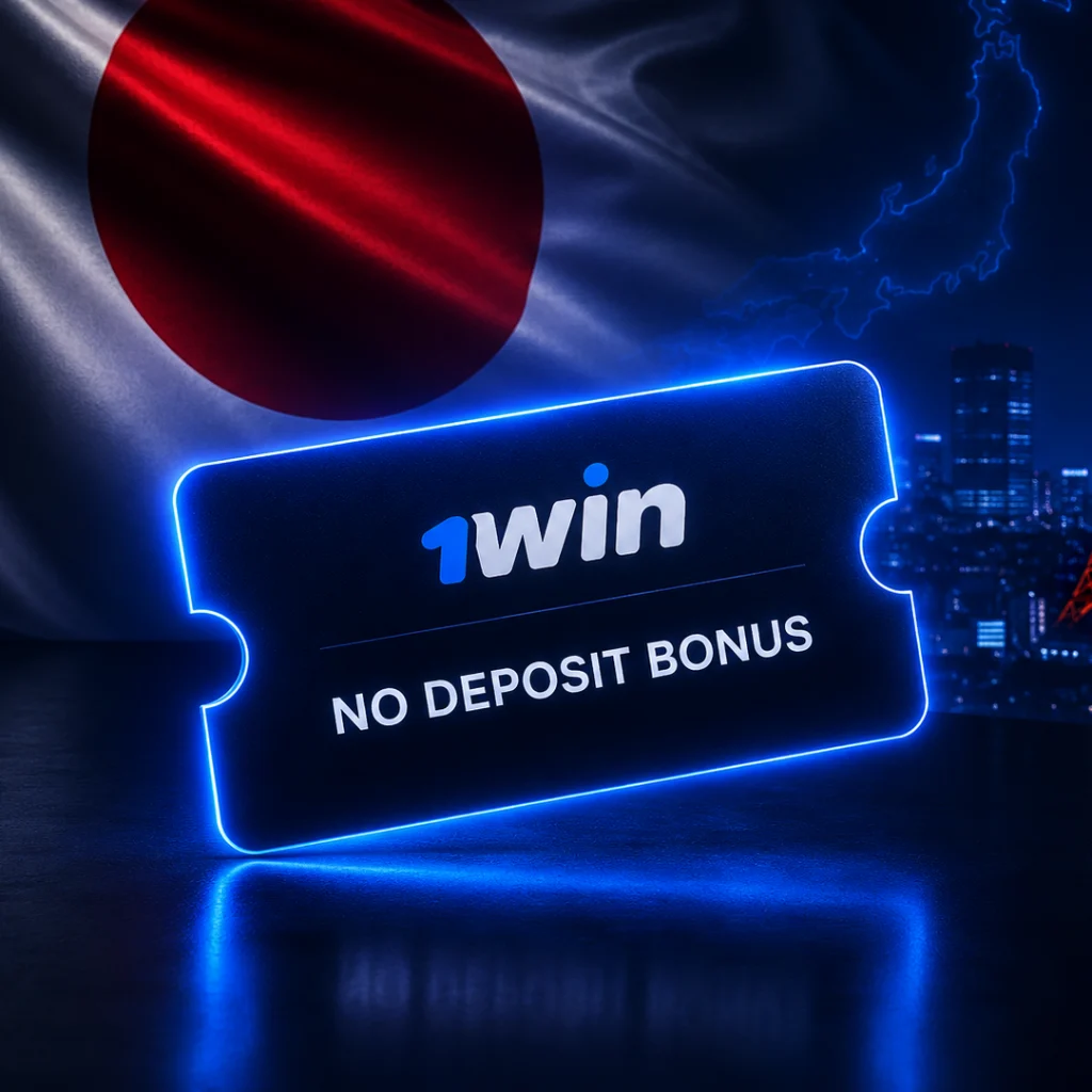 Neon promotional ticket featuring the 1win no deposit bonus offer for the Japanese market.