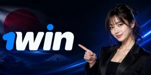 homepage banner with a Japanese woman pointing at the 1win logo on a dark blue background with Japan flag and Mount Fuji