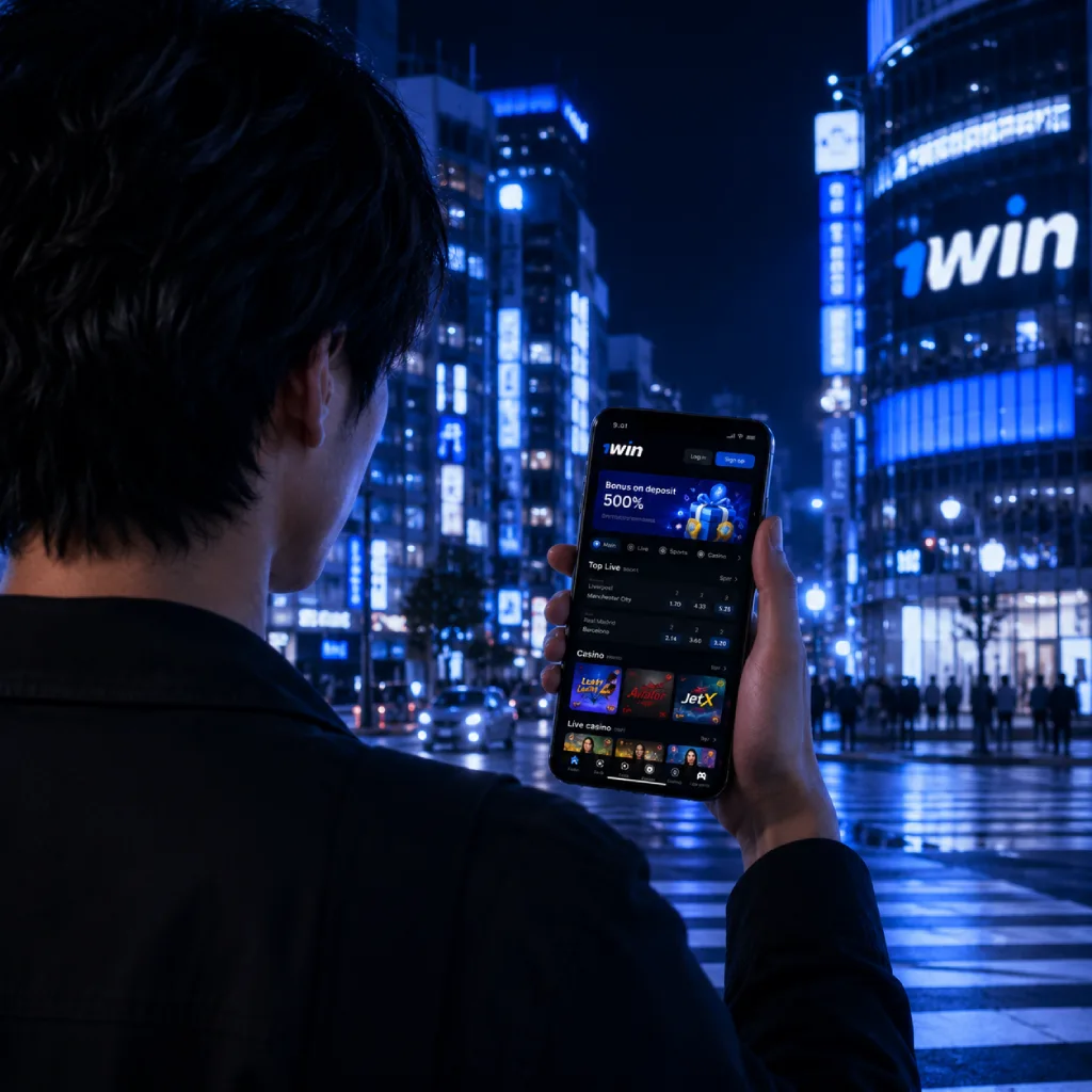 User holding a smartphone with the 1win app in a Japanese city at night, highlighted by a glowing 1win neon sign on a skyscraper.