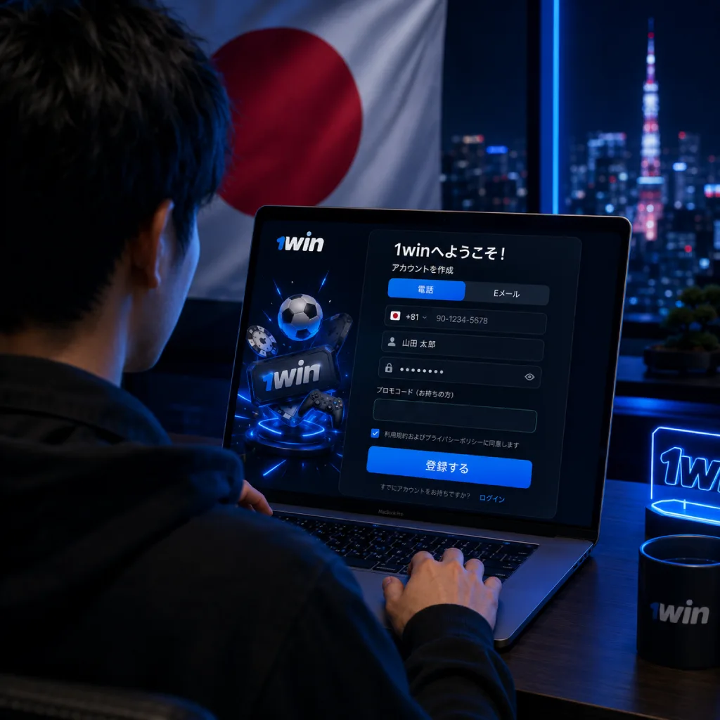 A user completing the official 1win online registration form on a laptop, featuring account creation fields in Japanese against a Tokyo night cityscape.