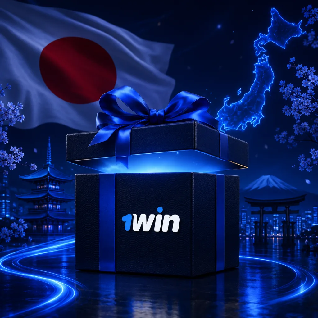 A glowing 1win bonus gift box on a neon-lit surface, highlighting special rewards against a traditional Japanese night landscape.