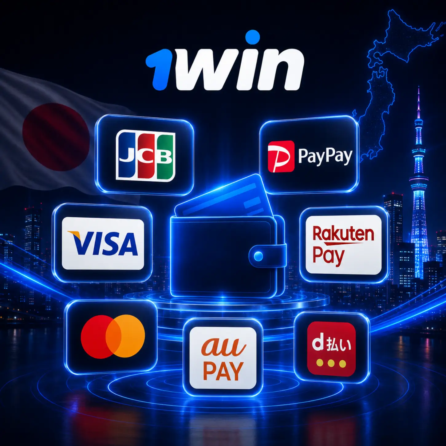 Deposit and withdrawal methods for 1win Japan. A glowing digital wallet surrounded by popular local Japanese payment options.