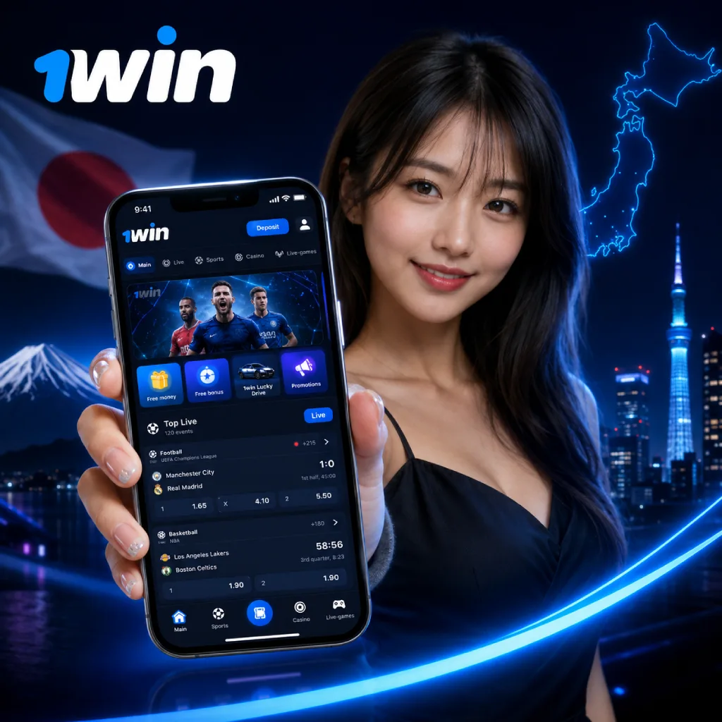 A woman holding a smartphone displaying the official 1win mobile app interface, featuring live sports odds, quick navigation to casino games, and active bonus promotions against a Japanese-themed background.