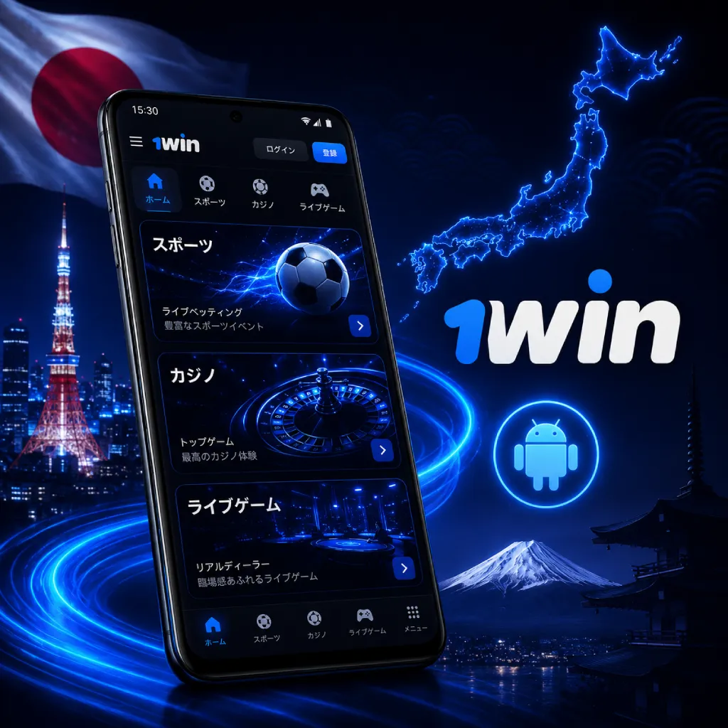 The dark-mode interface of the 1win application for Android, shown on a smartphone for Japanese users. The screen details options for Sports betting, Casino games, and Live dealer experiences. The glowing Android platform logo is highlighted to indicate availability. Backed by a Japanese cityscape.
