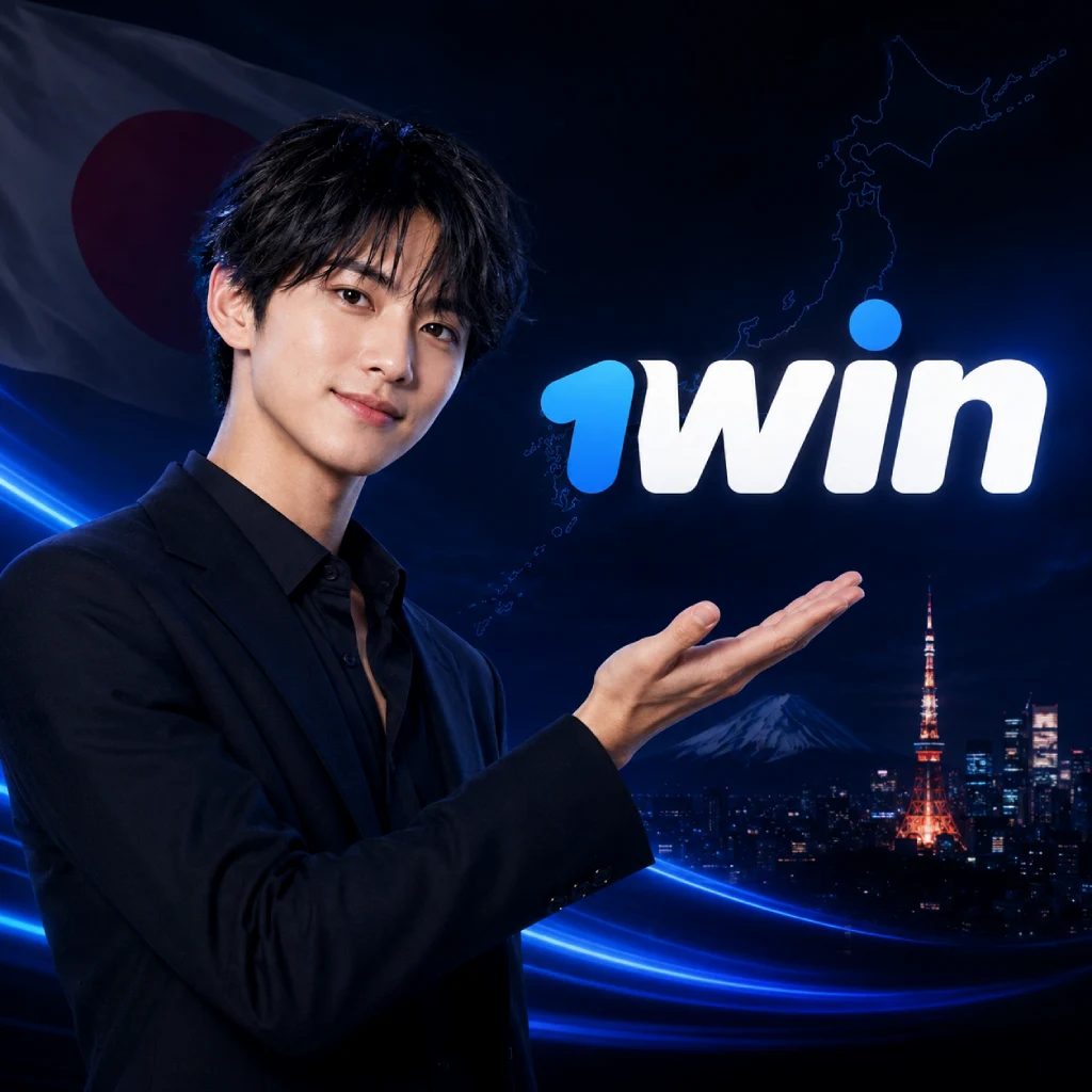 A young Japanese man in a black suit gesturing toward the glowing 1win logo. The background features the flag of Japan, an outline of the country, and a nighttime view of Tokyo including the Tokyo Tower and Mount Fuji.