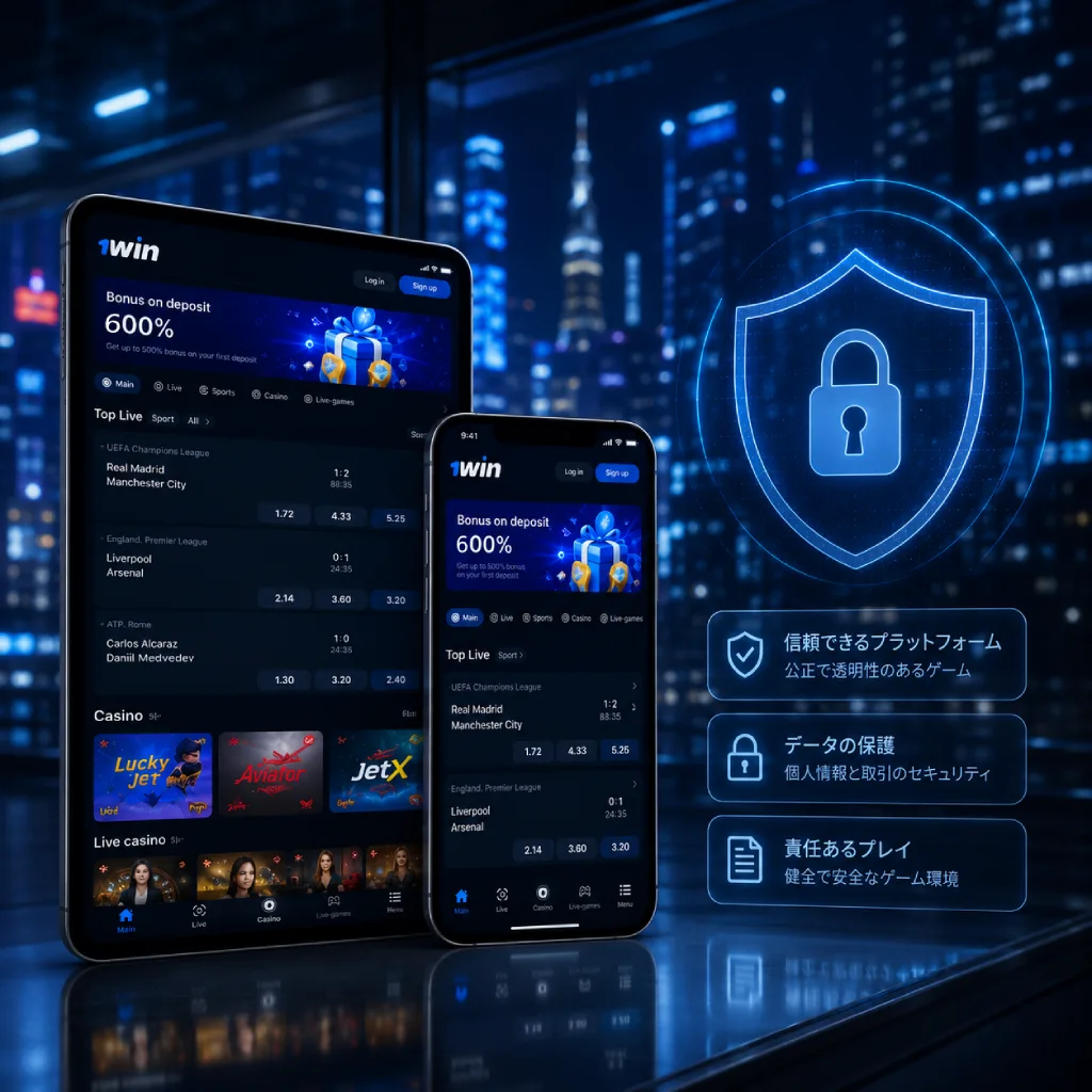 A glowing blue security shield with a padlock next to the 1win mobile betting app, highlighting platform reliability, encrypted data protection, and a safe gaming environment.