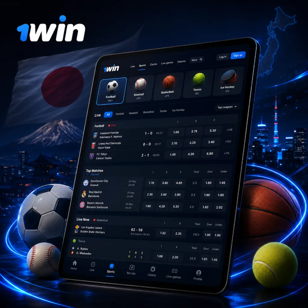 Sports betting banner with tablet interface, football, basketball, tennis ball, Japan flag, Tokyo skyline and blue neon design