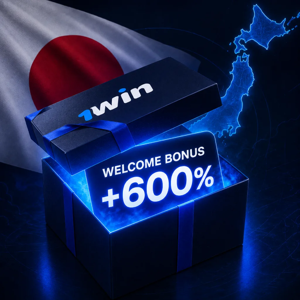 A glowing 1win gift box revealing a +600% welcome bonus offer for players in Japan, featuring the Japanese flag and a neon map background.