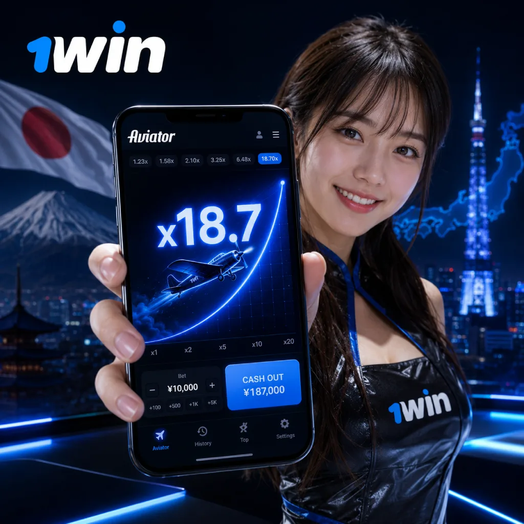Aviator 1win game banner with smiling Japanese girl holding a smartphone showing Aviator gameplay with high multiplier