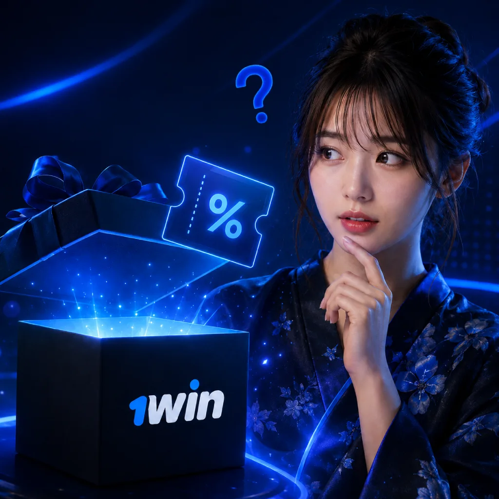 A curious woman with a question mark looking at a glowing percentage ticket emerging from a 1win gift box, illustrating how to get a bonus.
