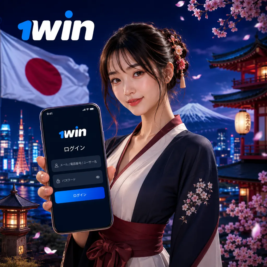 Japanese woman holding a smartphone with the 1win login page against a Japan-themed background