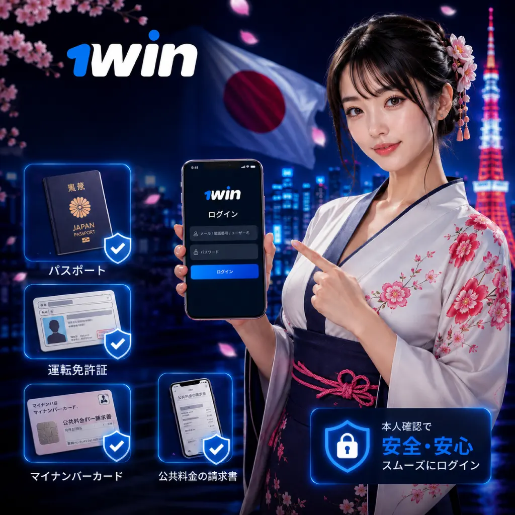 Japanese woman holding a smartphone with the 1win login screen and identity verification documents in a Tokyo-themed setting